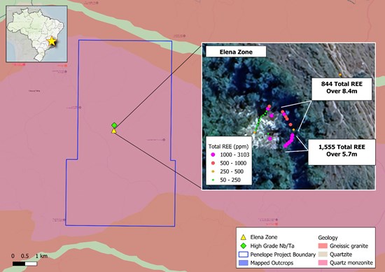 Regional map, showing geology and high-grade REE samples on the Penelope Project